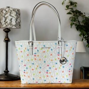 Michael Kors Jet Set Medium Carryall Airplane Print Logo Tote Bag - White, NWT
